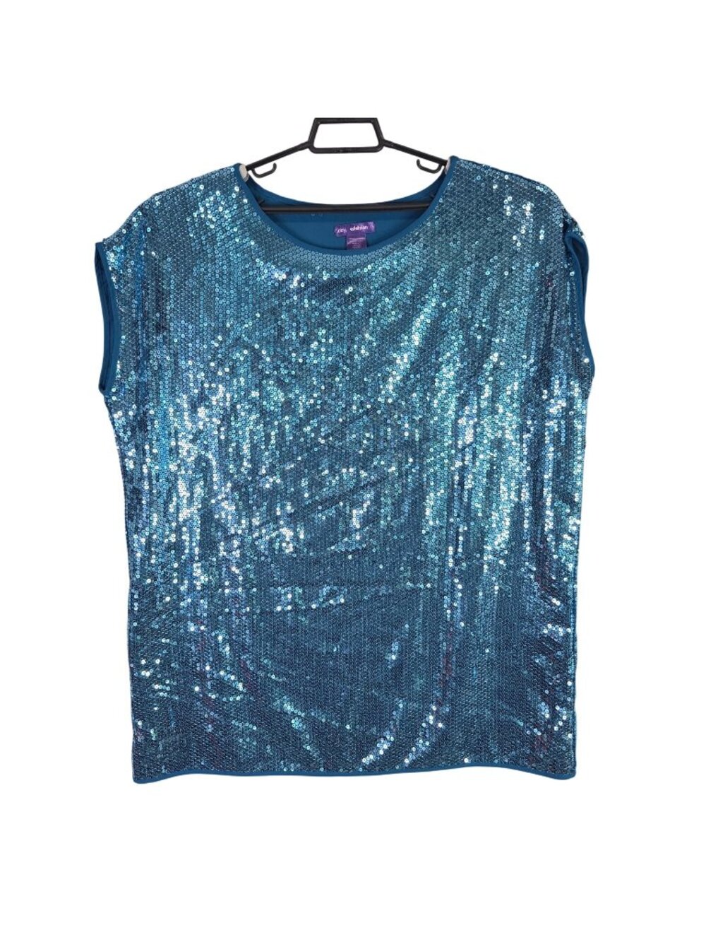 Womens Libby Edelman Blue Sequin Sleeveless Top Round Neck Polyester Size 1X